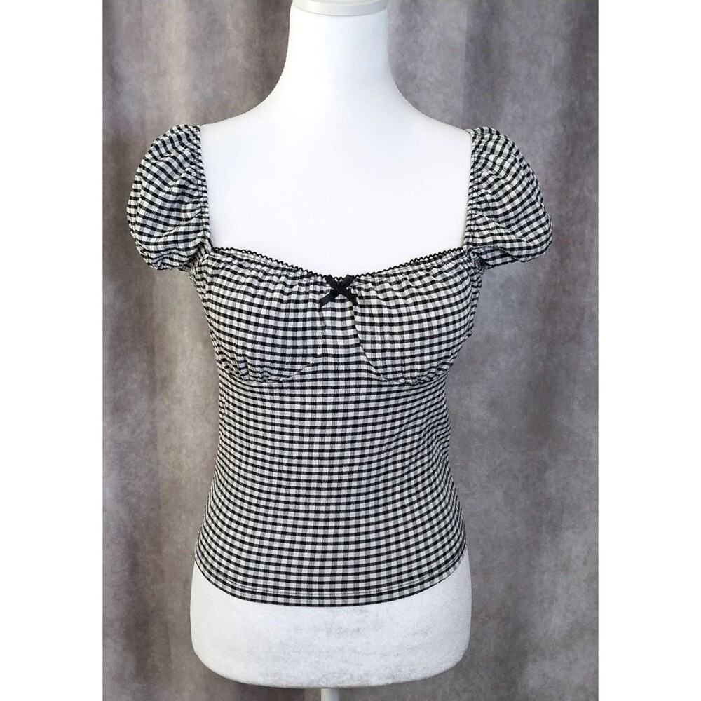 Haley and June Womens Crop Top Med Black White Cottagecore Gingham Puff Sleeve